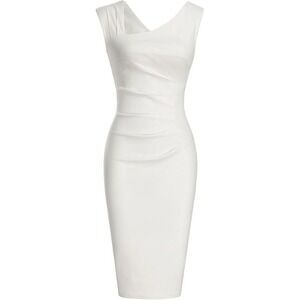 MUXXN Pencil Dress Women 10 White Retro 1950s Sleeveless Ruched Wiggle Business